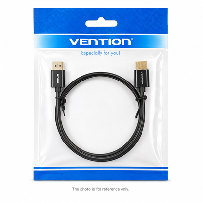 A black HDMI cable coiled inside its original retail packaging, featuring a blue and white VENTION brand header card.