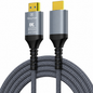 A 8K HDMI 2.1 cable from the brand Source, featuring a gray braided cord and metallic gray and gold connectors, shown coiled on a white background.