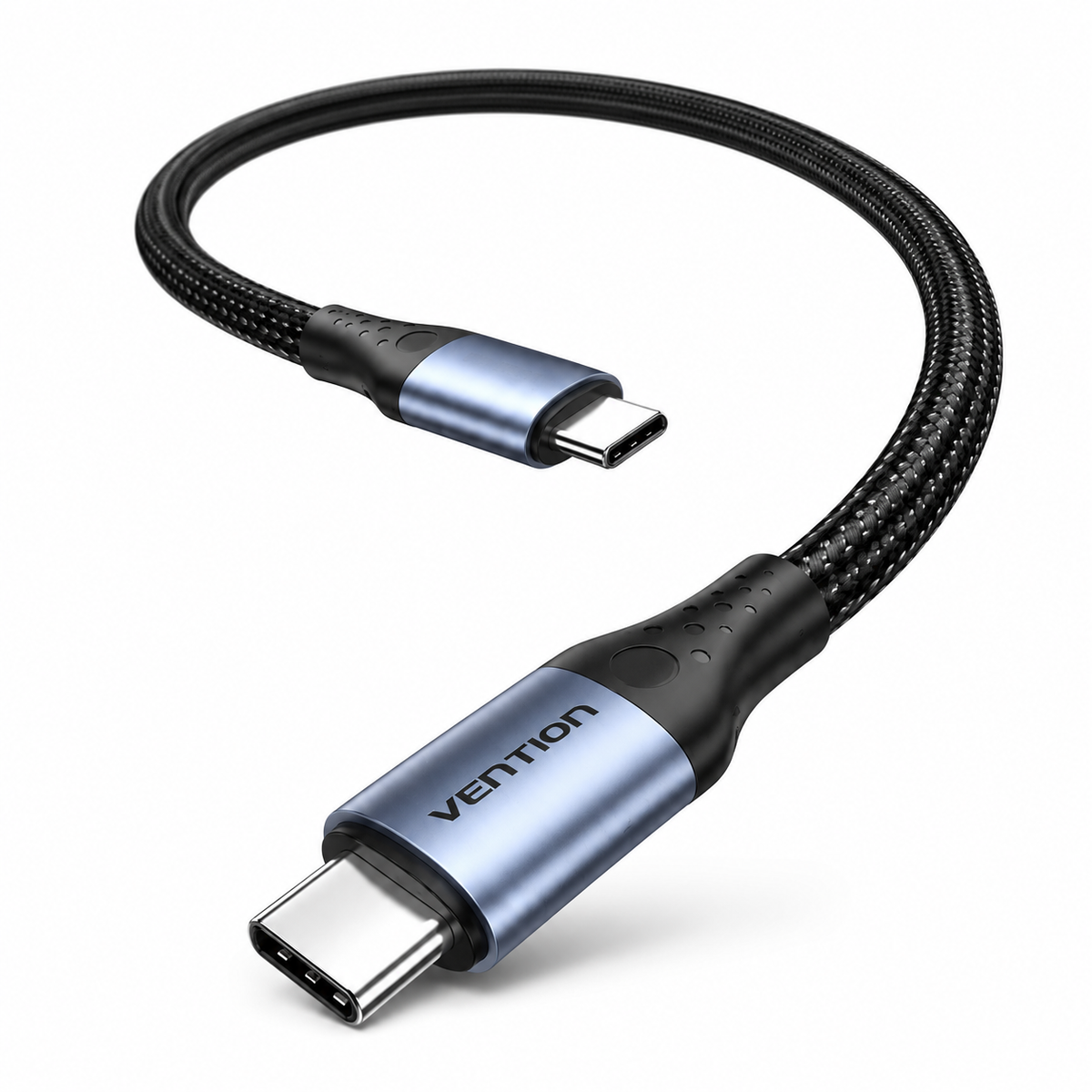 A VENTON USB-C to USB-C adapter cable with a black braided body and metallic blue and black connectors, shown on a white background.