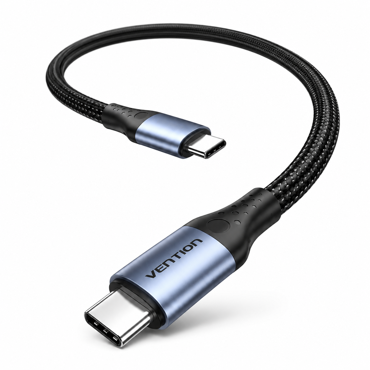 A VENTON USB-C to USB-C adapter cable with a black braided body and metallic blue and black connectors, shown on a white background.