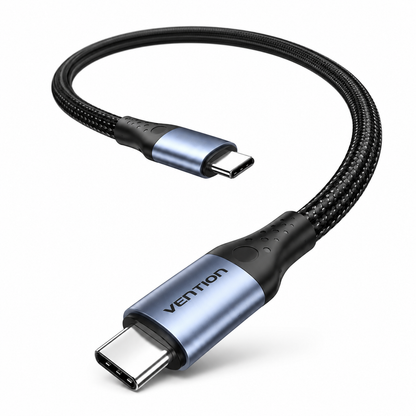 A VENTON USB-C to USB-C adapter cable with a black braided body and metallic blue and black connectors, shown on a white background.