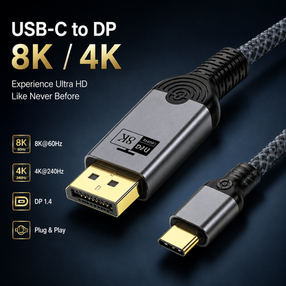 USB-C to DP 8K/4K high-speed HDMI cable with a braided gray and black cable jacket, featuring gold-plated connectors and product specifications text on a dark blue background.