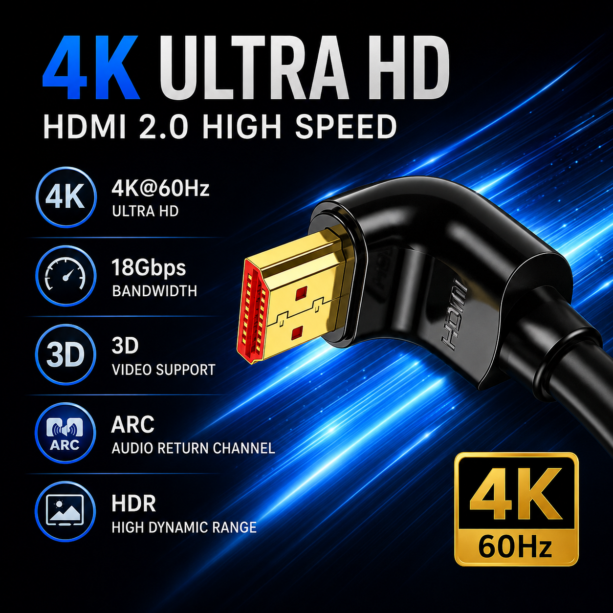 Black right-angle HDMI 2.0 high speed cable with a gold-plated connector, shown on a dark blue and black background with text highlighting 4K Ultra HD, 18Gbps bandwidth, 3D video support, ARC audio return channel, and HDR.