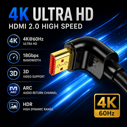 Black right-angle HDMI 2.0 high speed cable with a gold-plated connector, shown on a dark blue and black background with text highlighting 4K Ultra HD, 18Gbps bandwidth, 3D video support, ARC audio return channel, and HDR.