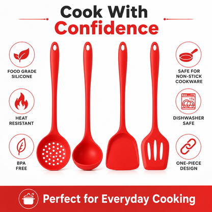 Four red silicone kitchen utensils displayed on a white background with promotional text and feature icons: a slotted spoon, a ladle, a spatula, and a turner. The text reads 'Cook With Confidence' and 'Perfect for Everyday Cooking,' with callouts noting food grade silicone, heat resistance, BPA free, non-stick compatibility, dishwasher safe, and one-piece design.