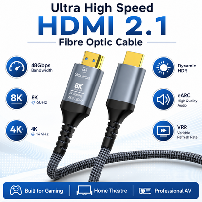 An ultra high speed HDMI 2.1 fibre optic cable with two gold-plated connectors and a braided black and gray cable, shown on a white background with feature icons and text.