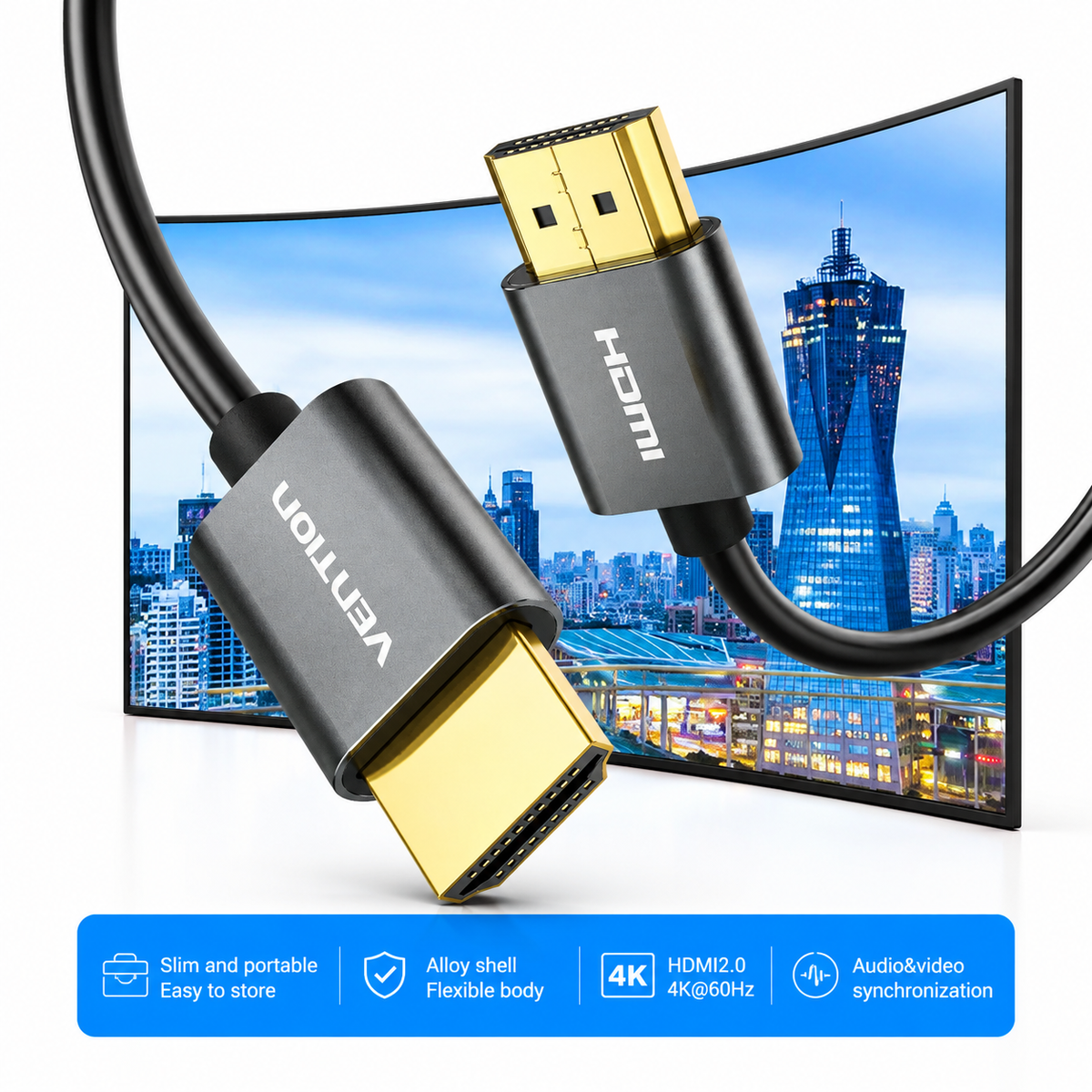 Black and gold HDMI 2.0 cable with a flexible alloy shell, featuring two connectors labeled 'VENETON' and 'HDMI', shown in front of a curved monitor screen with a blue cityscape background and a feature summary banner at the bottom.