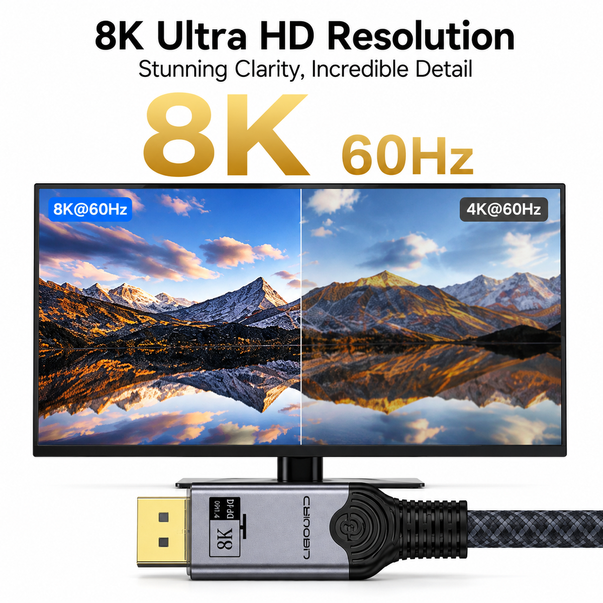 An 8K Ultra HD 60Hz HDMI cable shown with a monitor displaying a split 4K@60Hz vs 8K@60Hz landscape comparison. The cable has a black braided body with a silver connector head and gold USB-C plug.