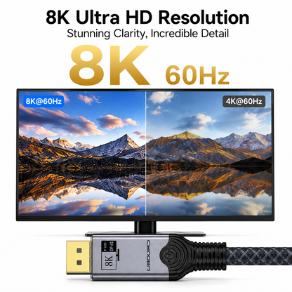 An 8K Ultra HD 60Hz HDMI cable shown with a monitor displaying a split 4K@60Hz vs 8K@60Hz landscape comparison. The cable has a black braided body with a silver connector head and gold USB-C plug.