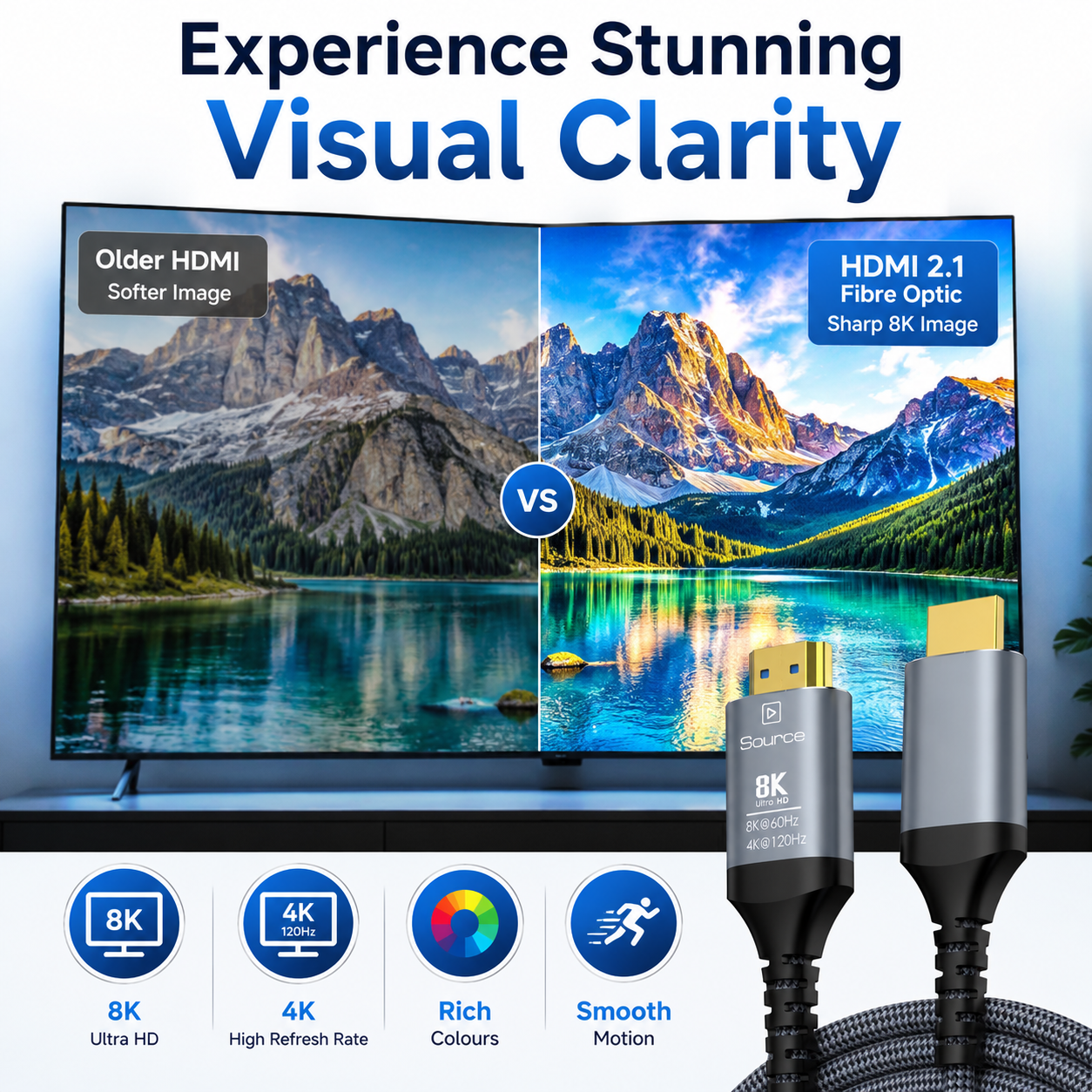 HDMI cable product graphic showing a split-screen comparison of older HDMI vs HDMI 2.1 image clarity, with two HDMI connectors in the foreground and feature icons along the bottom.