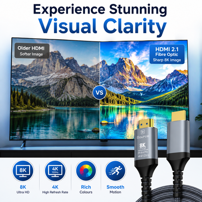 HDMI cable product graphic showing a split-screen comparison of older HDMI vs HDMI 2.1 image clarity, with two HDMI connectors in the foreground and feature icons along the bottom.