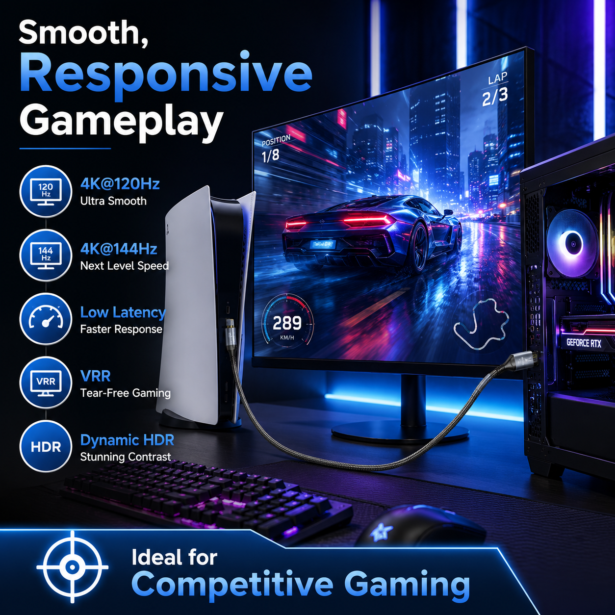 A gaming desktop setup featuring a large monitor displaying a neon city race scene, a white console, a keyboard, a mouse, and a PC tower, with promotional text highlighting smooth responsive gameplay and gaming specs.