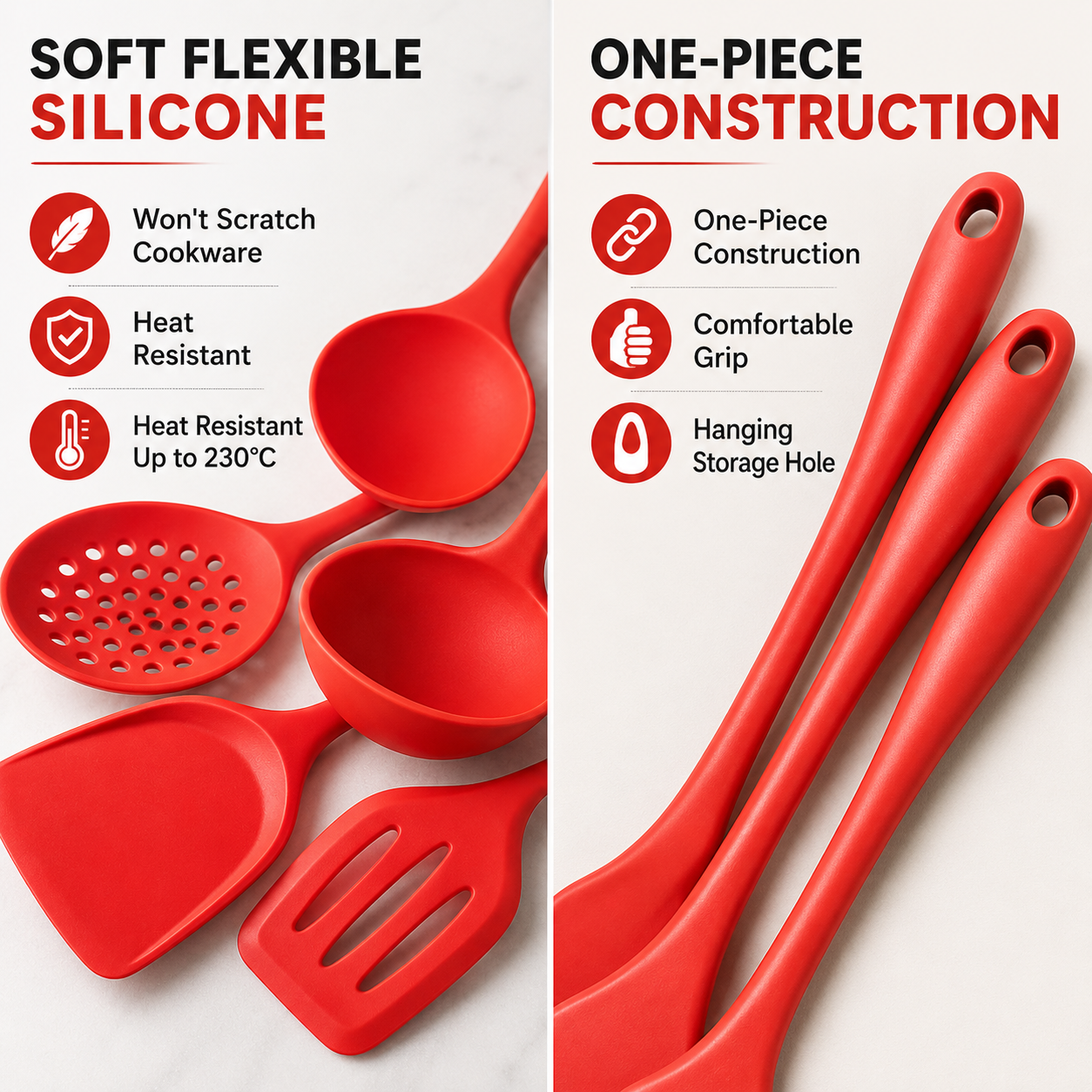 Red silicone kitchen utensils on a white background with text callouts reading 'SOFT FLEXIBLE SILICONE' and 'ONE-PIECE CONSTRUCTION,' highlighting heat resistance, non-scratch quality, and one-piece design.