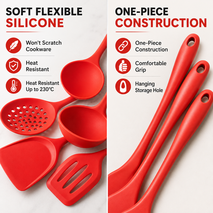 Red silicone kitchen utensils on a white background with text callouts reading 'SOFT FLEXIBLE SILICONE' and 'ONE-PIECE CONSTRUCTION,' highlighting heat resistance, non-scratch quality, and one-piece design.