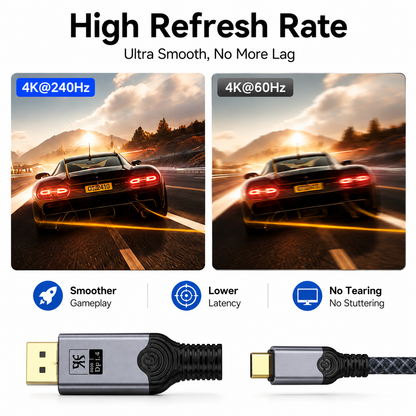 An HDMI cable product listing graphic with the headline 'High Refresh Rate' and text claiming ultra smooth gameplay. The top shows two comparison panels with a racing car scene labeled 4K@240Hz and 4K@60Hz, plus icons for smoother gameplay, lower latency, and no tearing.