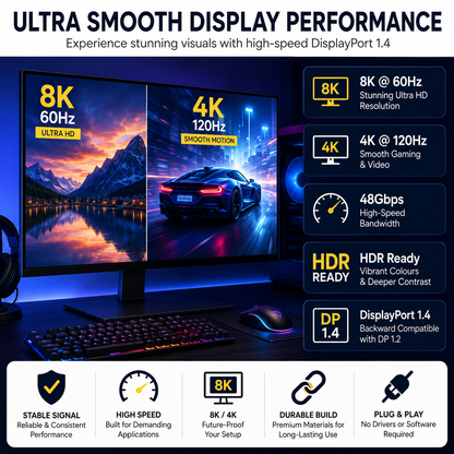 8K 60Hz DisplayPort Extension Cable DP 1.4 Male to Female 4K 120Hz 48Gbps