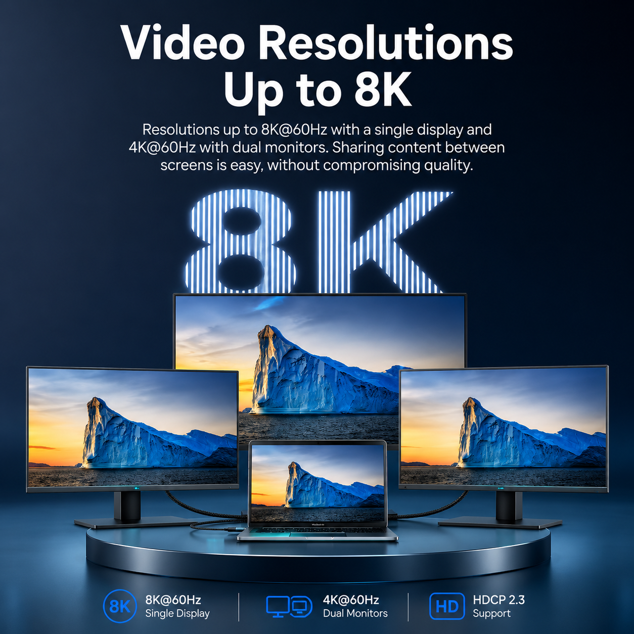Promotional graphic for an 8K monitor display setup, showing four computer monitors and a laptop on a pedestal with large '8K' text and marketing copy about video resolutions up to 8K.