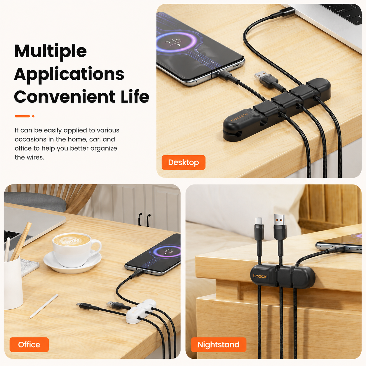 A collage showing a black multi-socket USB cable organizer in use on a wooden desk and nightstand, with a phone plugged in and several cables routed underneath. Text on the left reads 'Multiple Applications Convenient Life' and includes labeled scenes for Desktop, Office, and Nightstand.