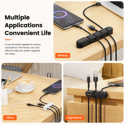 A collage showing a black multi-socket USB cable organizer in use on a wooden desk and nightstand, with a phone plugged in and several cables routed underneath. Text on the left reads 'Multiple Applications Convenient Life' and includes labeled scenes for Desktop, Office, and Nightstand.