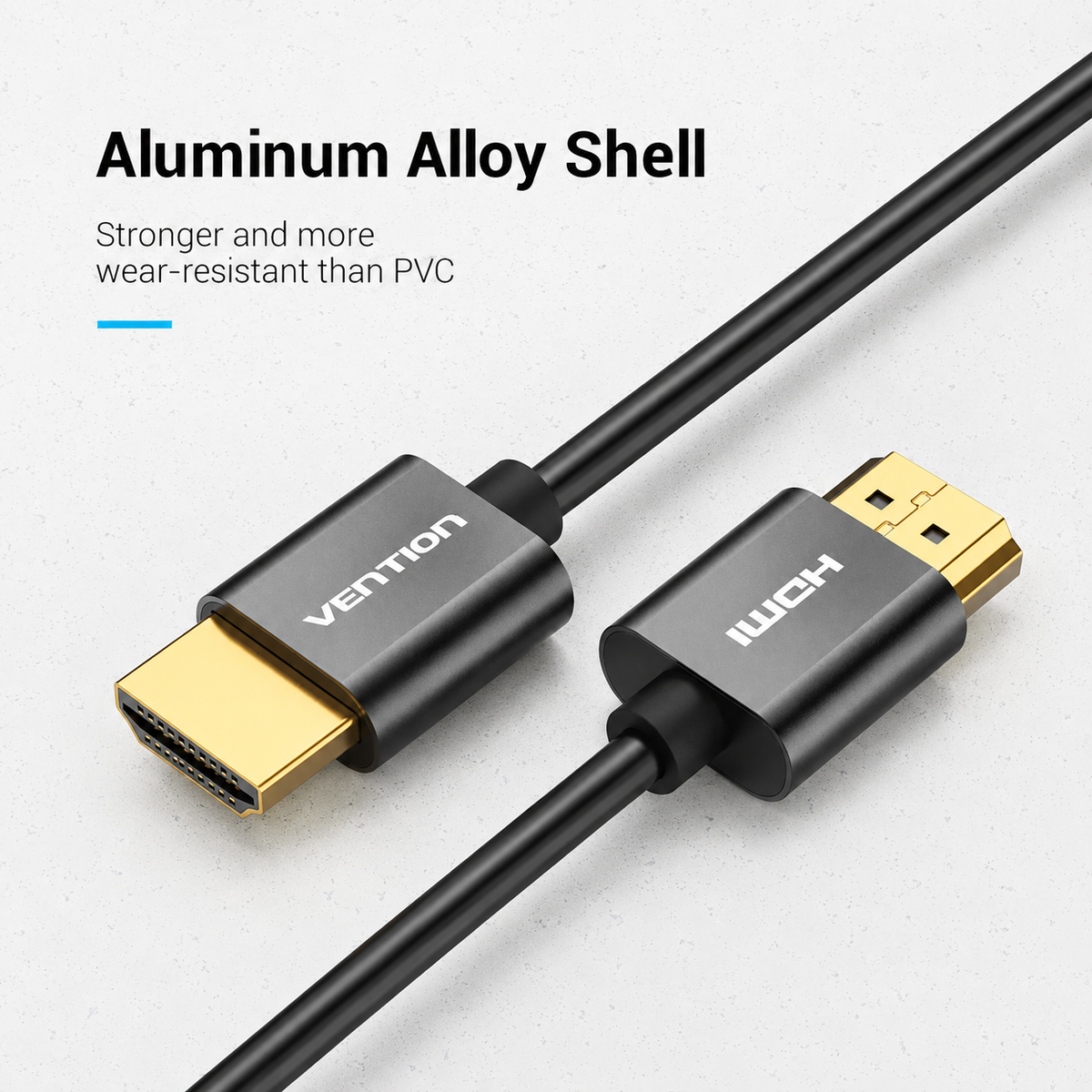Black HDMI cable with gold-plated aluminum alloy connector housings, shown on a light gray background with text reading 'Aluminum Alloy Shell' and 'Stronger and more wear-resistant than PVC'. Visible brand text on the connectors reads VENTION and IUCH.
