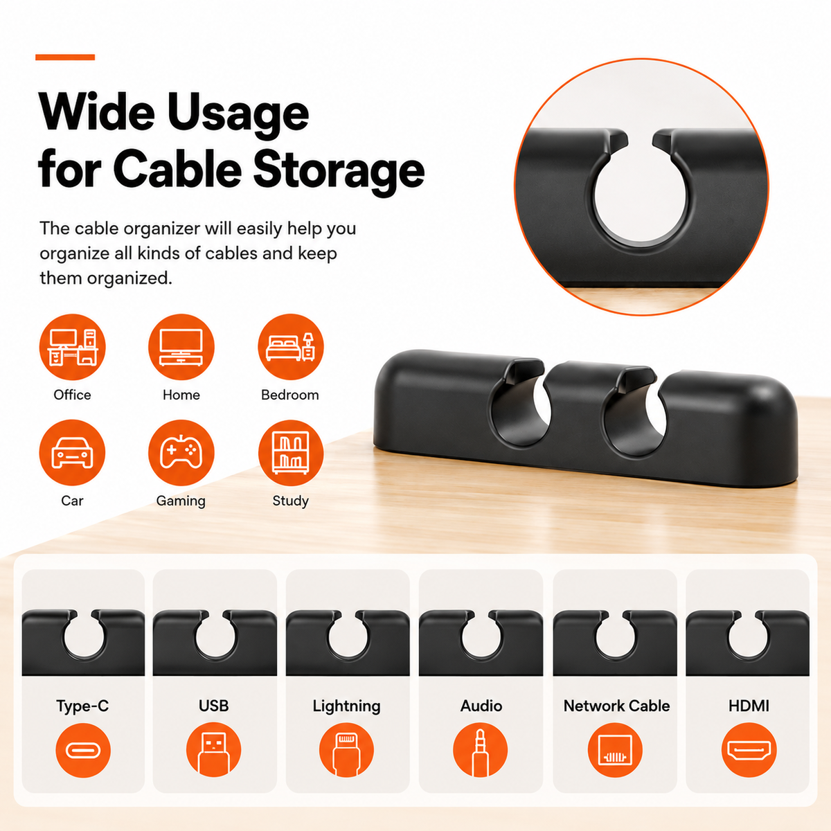 Black cable storage holder shown on a light wood surface with marketing text, usage icons for office, home, bedroom, car, gaming, and study, plus a row of connector types it can store.