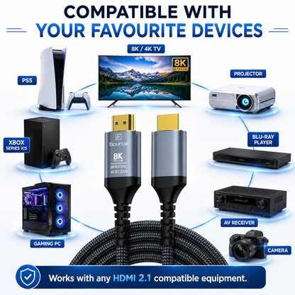 Promotional graphic for an 8K HDMI cable showing the cable and connector ends centered, with labeled compatible devices including PS5, TV, projector, Xbox Series S, Blu-ray player, AV receiver, gaming PC, and camera. Text at top says 'Compatible with your favourite devices' and at bottom says 'Works with any HDMI 2.