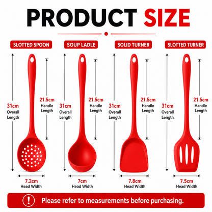 Product size chart showing four red kitchen utensils with labeled dimensions: slotted spoon, soup ladle, solid turner, and slotted turner, on a white background with a red footer note.
