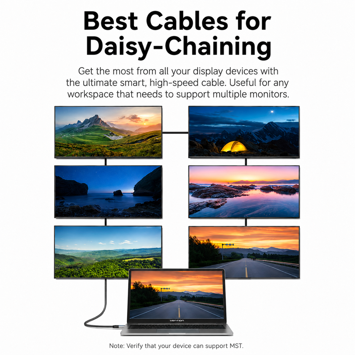 Promotional graphic for a multi-monitor cable adapter, titled 'Best Cables for Daisy-Chaining.' The image shows several landscape and road scenes displayed on multiple monitors connected by black cables, with a laptop at the bottom and a note saying to verify device support for MST.