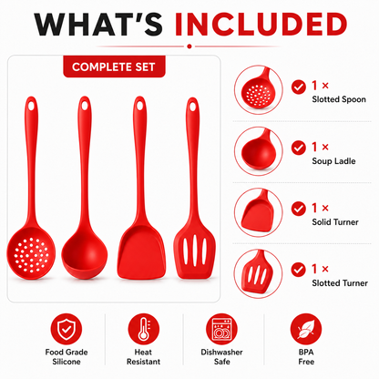 Red silicone kitchen utensil set shown on a white background with text listing included items: one slotted spoon, one soup ladle, one solid turner, and one slotted turner. Icons also highlight food grade silicone, heat resistant, dishwasher safe, and BPA free.
