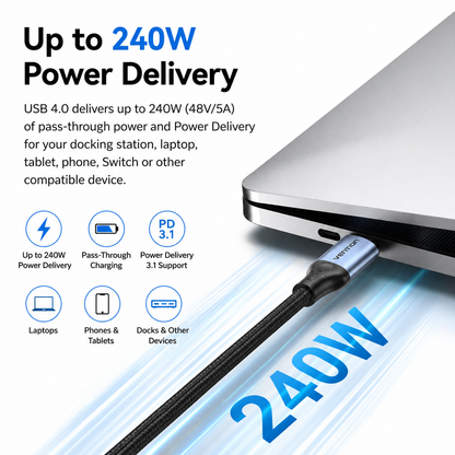 A black braided USB-C cable shown plugged into the side of a silver laptop on a white background, with promotional text reading 'Up to 240W Power Delivery' and feature icons for laptops, phones, tablets, and other compatible devices.