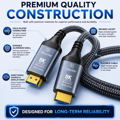 A braided HDMI cable with two labeled connector ends reading Source and Display, surrounded by marketing callouts and the headline 'PREMIUM QUALITY CONSTRUCTION' on a light blue background.