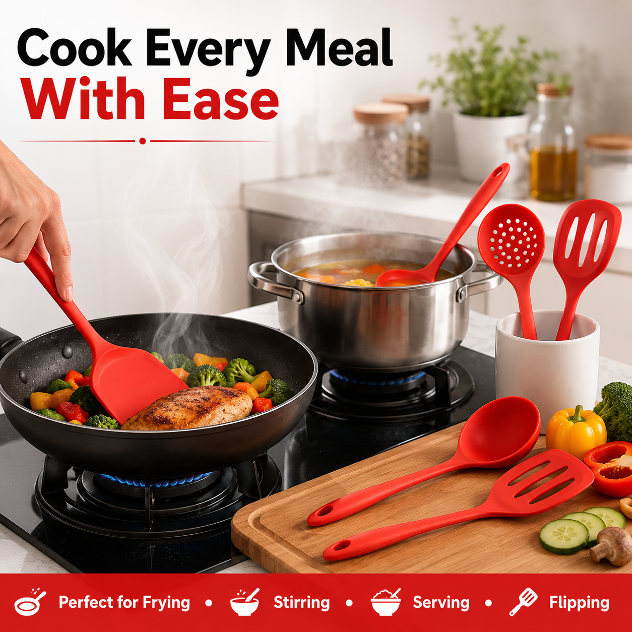 A set of red silicone cooking utensils, including a spatula, ladle, slotted spoon, and folding spoon, shown in a kitchen scene with a person's hand using one utensil over a frying pan and another utensil in a cup on a stove. The image includes promotional text overlays.