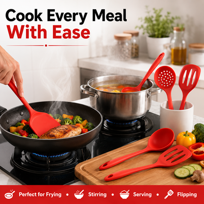 A set of red silicone cooking utensils, including a spatula, ladle, slotted spoon, and folding spoon, shown in a kitchen scene with a person's hand using one utensil over a frying pan and another utensil in a cup on a stove. The image includes promotional text overlays.