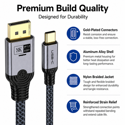 A high-quality USB-C to HDMI cable with gold-plated connectors and a textured gray braided jacket, shown alongside marketing text highlighting its durability features.