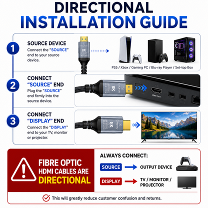 An informational installation guide graphic for HDMI cables, showing three numbered steps with diagrams and examples of connecting a source device, cable ends, and display screen. The graphic includes product photos of HDMI adapters and consoles, plus a red warning box emphasizing cable directionality.