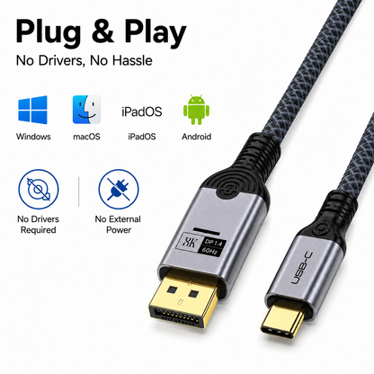 A braided USB-C to HDMI cable shown on a white background with marketing text and device icons. The cable has a dark gray and black patterned braid, silver metal connector housings, and gold-plated USB-C and HDMI male interfaces.