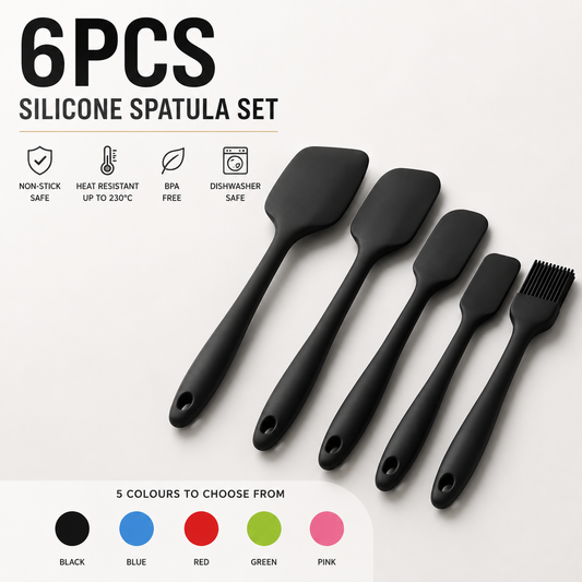 Six-piece silicone spatula set shown on a light gray background with product text, icons, and a color selection banner. The spatulas are matte black, and the banner indicates five color options including black, blue, red, green, and pink.