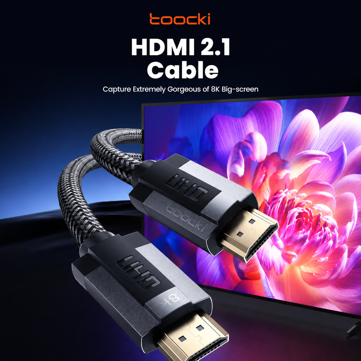 A Toocki HDMI 2.1 cable shown with two connectors in the foreground and a TV screen displaying a colorful floral image in the background.