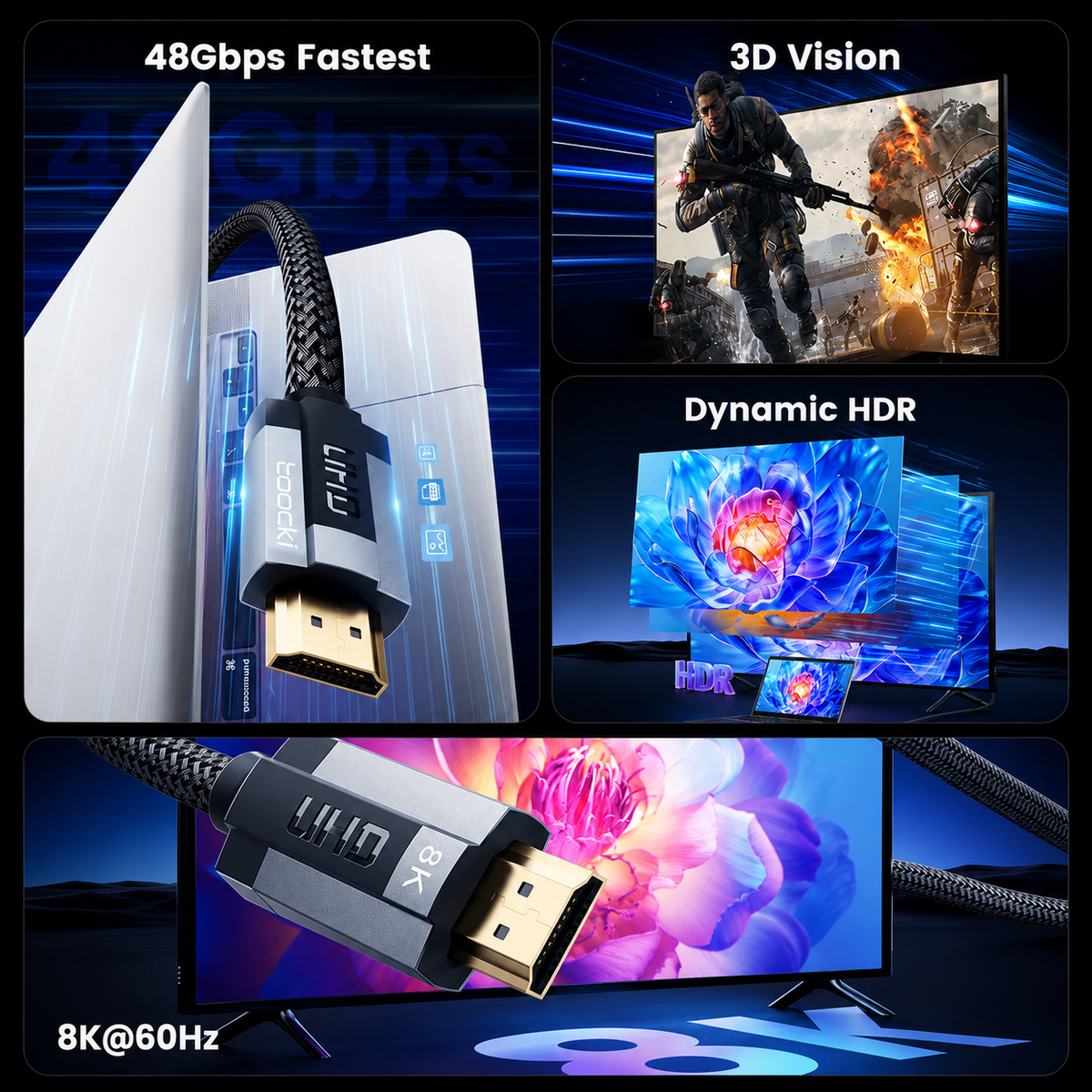Promotional collage for a high-speed HDMI cable showing three panels: a close-up of the cable connector labeled 48Gbps Fastest, a 3D vision gaming scene on a TV, and an 8K@60Hz floral display on a TV. The cable itself is braided black with a silver and black connector housing.