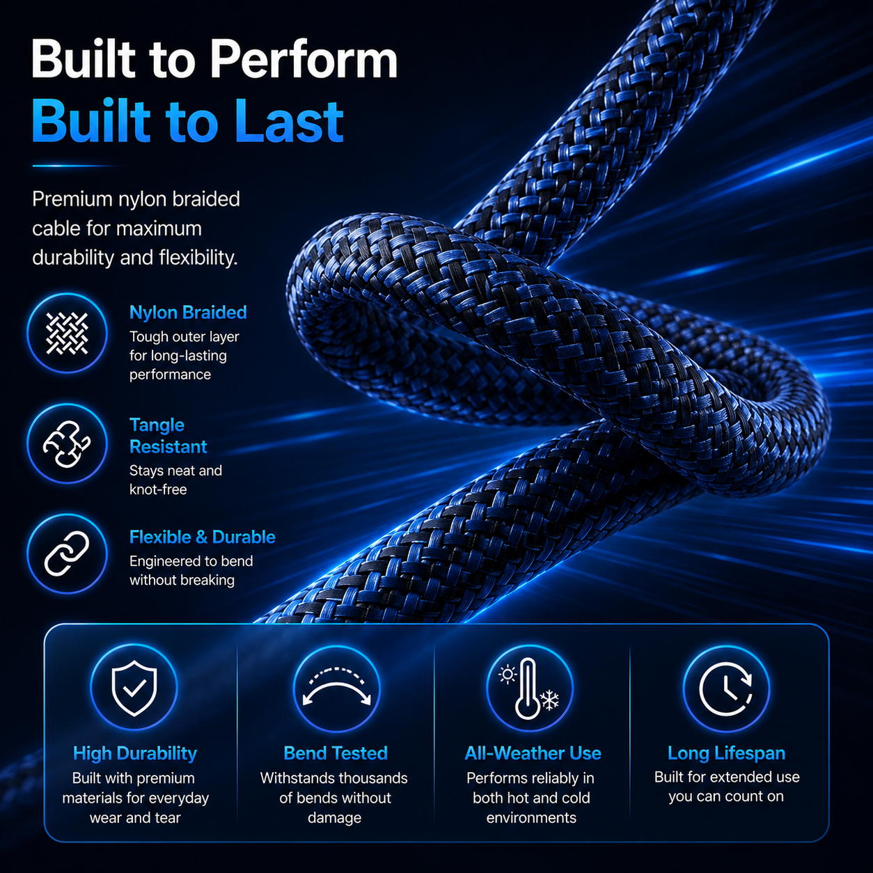 Promotional graphic for a braided nylon cable, showing a close-up of a dark blue and black braided rope against a dark blue background with glowing light effects. Text highlights features such as being built to perform, nylon braided, tangle resistant, and flexible & durable.