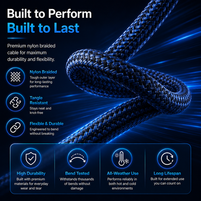 Promotional graphic for a braided nylon cable, showing a close-up of a dark blue and black braided rope against a dark blue background with glowing light effects. Text highlights features such as being built to perform, nylon braided, tangle resistant, and flexible & durable.