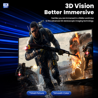 Promotional graphic for an 8K HDR 3D Vision display showing a futuristic soldier in a war scene on screen, with text reading '3D Vision Better Immersive' and '8K HDR'.
