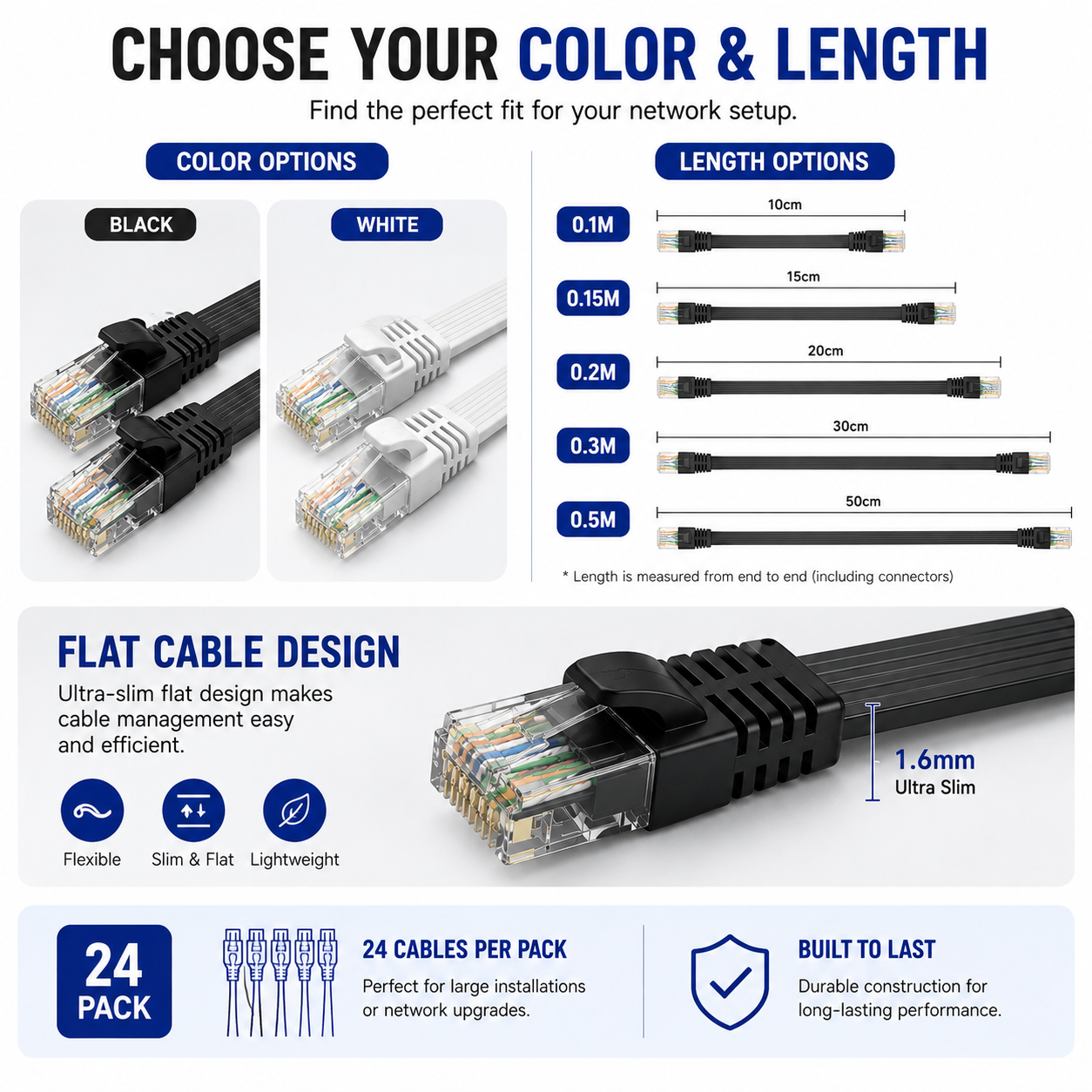 CAT6 Flat Ethernet Patch Cables 24 Pack | 1Gbps RJ45 | Black & White