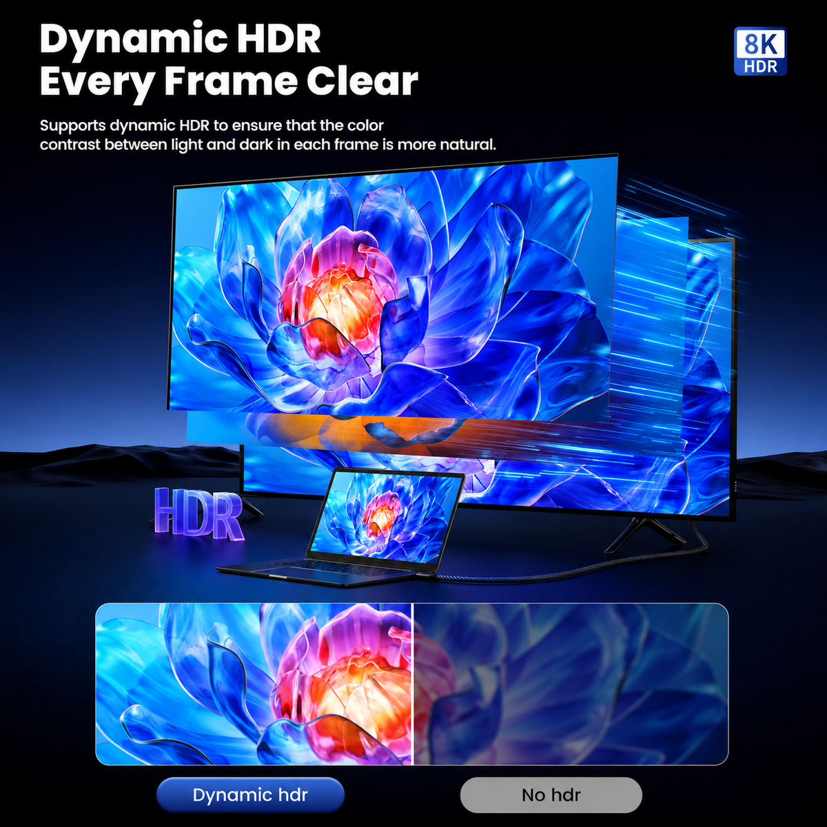 A promotional graphic for a 8K HDR monitor showing a large desktop display, a smaller laptop, and two inset close-ups of a vivid blue flower artwork. Large text reads 'Dynamic HDR Every Frame Clear' and '8K HDR,' with 'HDR' in a purple 3D-style font.