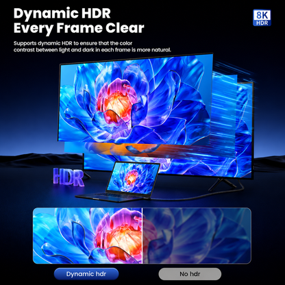 A promotional graphic for a 8K HDR monitor showing a large desktop display, a smaller laptop, and two inset close-ups of a vivid blue flower artwork. Large text reads 'Dynamic HDR Every Frame Clear' and '8K HDR,' with 'HDR' in a purple 3D-style font.