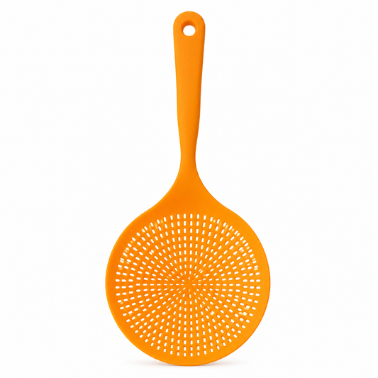 An orange silicone ladle with a circular perforated head and a long handle, shown against a plain white background.