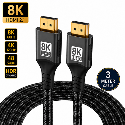 Black braided HDMI 2.1 cable with gold-plated connectors, compatible with PS5, Xbox Series X/S, Gaming PC, Laptop, Blu-ray Player, and AV Receiver — supports 8K UHD, 48Gbps, HDR, and HDCP 2.2