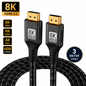 Black braided HDMI 2.1 cable with gold-plated connectors, compatible with PS5, Xbox Series X/S, Gaming PC, Laptop, Blu-ray Player, and AV Receiver — supports 8K UHD, 48Gbps, HDR, and HDCP 2.2