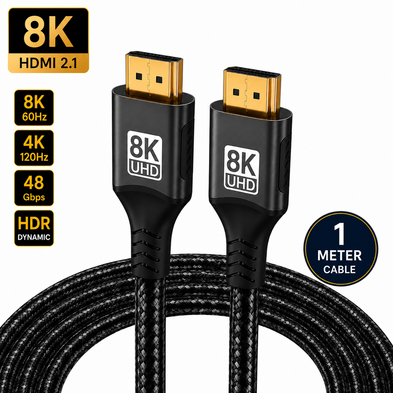 Black 8K UHD HDMI 2.1 cable with gold-plated connectors, coiled in the background.