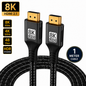 Black 8K UHD HDMI 2.1 cable with gold-plated connectors, coiled in the background.